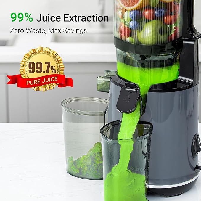 Juicer Machines,Aeitto Cold Press Juicer with 5.3“ Extra Large Feed Chute for Whole Fruits & Vegetables, Slow Masticating Juice Extractor, Self Feeding, Easy to Clean, High Juice Yield, Grey