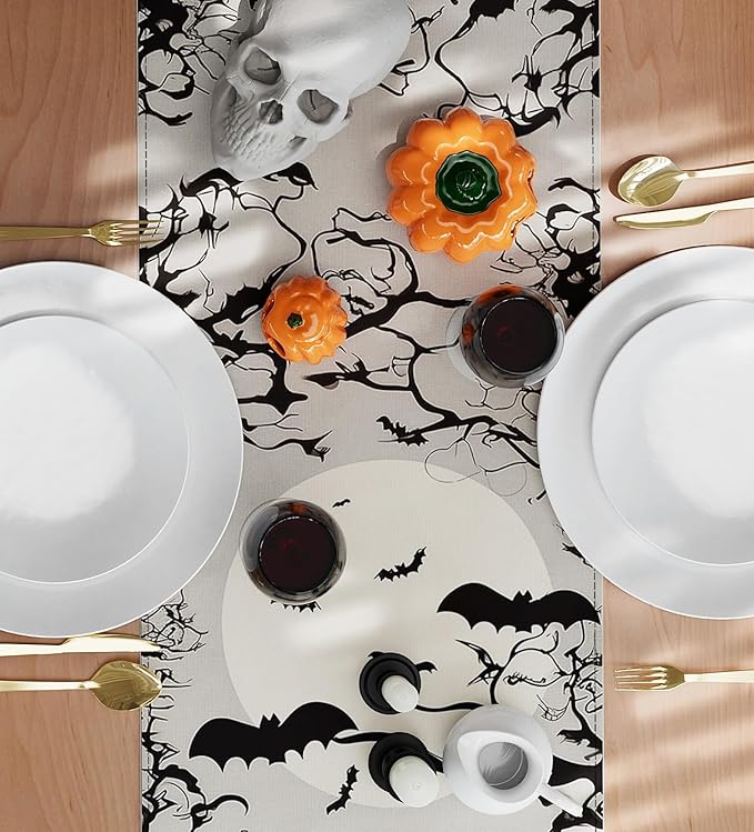 Halloween Table Runner,72 Inches Spooky Haunted House Bats Tree Ghost Witch Table Runner for Halloween, Table Decoration/Party Dinner Table Decor,Kitchen,Mantel,Bedroom Decoration