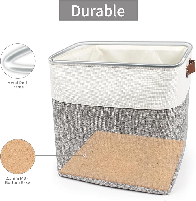 13x13 Cube Storage Bins, Collapsible Fabric Storage Box, 4 Pack Closet Baskets with Handles for Organizing, Shelf, Toys, Clothes, Home, Office, Nursery (Grey&White)