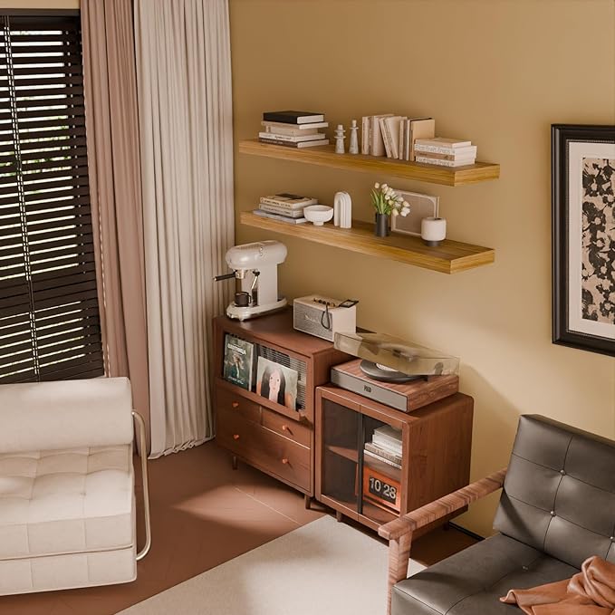 IAE Floating Wall Shelves 48 inch,Bathroom Shelves Wall Mounted,Invisible Shelves Floating Kitchen Shelves,Wooden Wall Shelves with Brackets for Living Room Wall Mounted,Easy Install,Set of 2,Natural