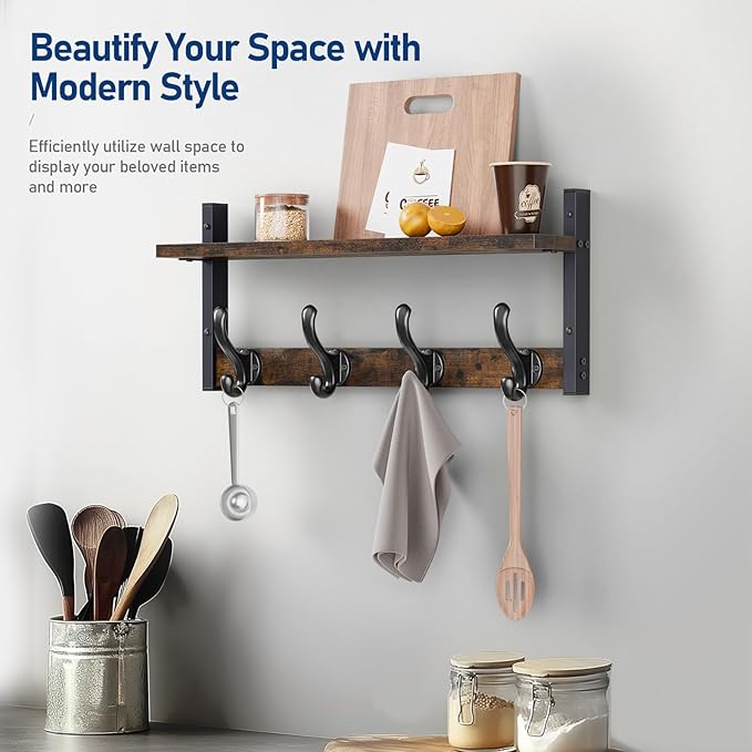 Tatub 20" Rustic Coat Rack Wall Mount with Shelf, Wall Hooks with Shelf, Heavy Duty Entryway Organizer Hangers for Hanging, Hat, Bag, Jacket for Bathroom, Living Room, Bedroom, Rustic Brown