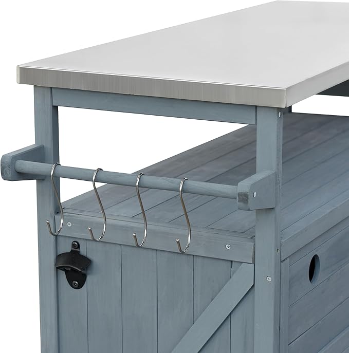 Outdoor Solid Wood Grill Table with Stainless Steel Top, Farmhouse Kitchen Island with Storage Cabinet, Outdoor Bar Cart with Internal Storage Rack, Spice & Towel Rack, Grey Blue