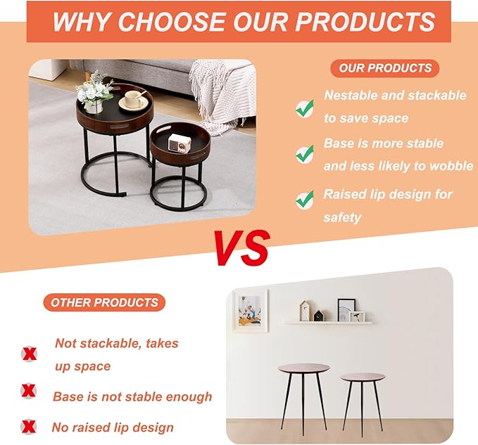 Nesting Coffee Table Set of 2, Small Round Stacking Side Table Set with Metal Frame, Nesting Tables for Living Room Bedroom Office Balcony (Wood, 2)