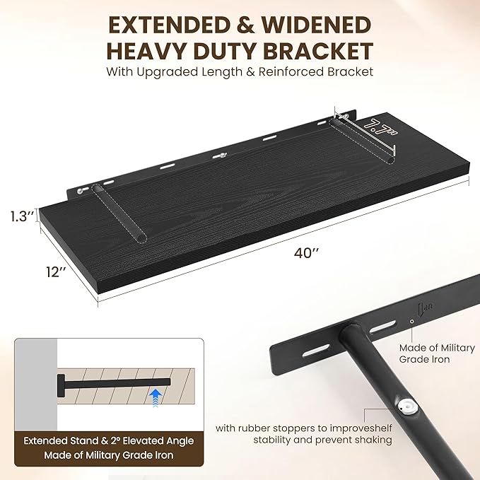 40" Floating Shelves for Wall, 12" Deep Slim Black Floating Shelves, Wall-Mounted Shelves for Bedroom, Living Room, Kitchen, Bathroom - Set of 2