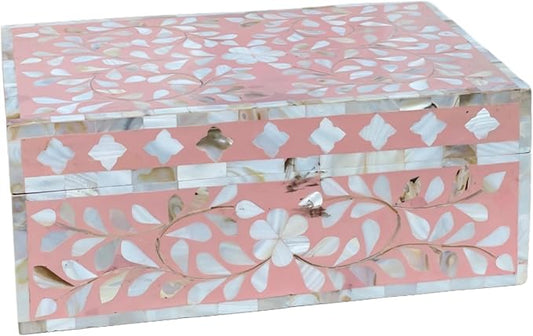 Decorative Storage Box Of Mother Of Pearl Inlay Floral Design Wooden Storage Box For Home Decoration For Living Dining & Bedroom (Pink_9x6x3.5 inch)