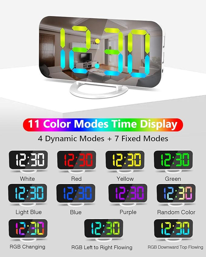 SZELAM Digital Alarm Clock,LED RGB Colorful Clocks,with Mirror Surface Large Display,2 USB Charger Ports,Auto Dimming,Modern Desk Clock for Bedroom Home Office Decor- White