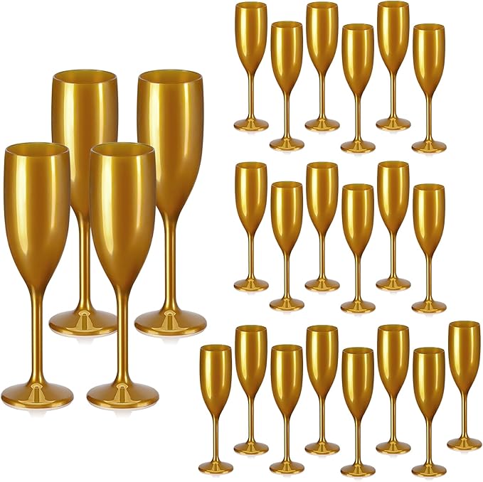 XUWAIDSGN Acrylic Champagne Flutes Toasting Glasses Unbreakable Mimosa Bar Reusable Wine Glasses Vintage Champagne Flutes Stemmed Drinking Cups 5.4 OZ for Christmas Birthday (24, Gold)
