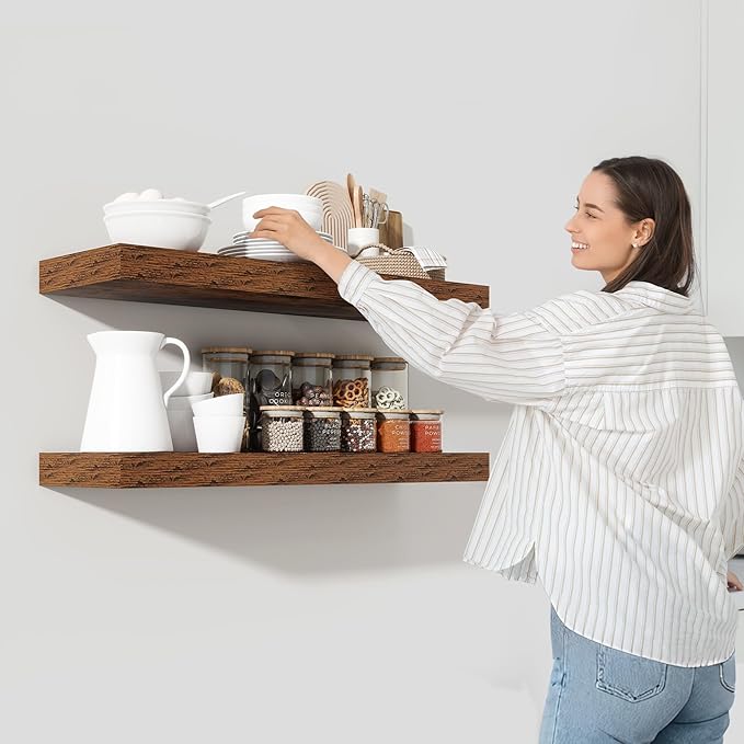 Heimlove 36 Inch Floating Shelves for Wall,10 Inch Deep Brown Wood Shelves with Invisible Brackets,Wall Mounted Storage & Display Shelves for Bedroom,Living Room,Kitchen,Office