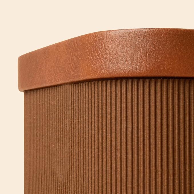 La Jolie Maison Fluted Cardboard Storage Baskets with Leather-Like Lids, Sturdy Stackable Paper Boxes Decorative Tray, Set of 3 Chestnut