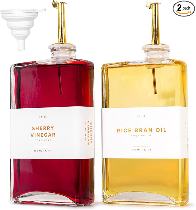 Glass Olive Oil Dispenser Bottle Set [2x12oz]: 36 Premium Gold Labels, Oil Dispenser for kitchen, Vinegar Bottle Set, Glass Dispensers for Soy Sauce, Syrup Bottles | Set of 2