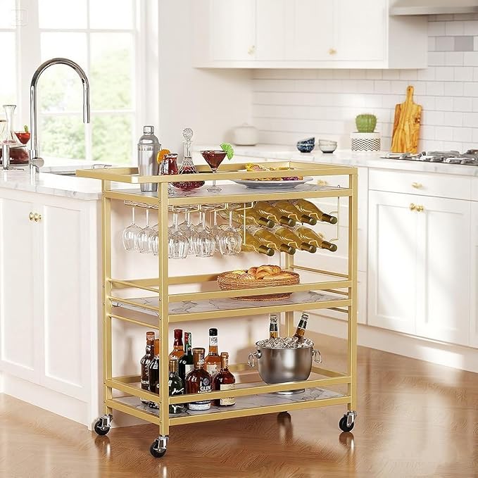 Leteuke Bar Cart for Home, 3 Tier Gold Serving Rolling Carts with Wheels, Drink Cart, Liquor Stand with Marbled Wooden Shelves, Wine Rack and Glass Holder for Kitchen, Dining Room