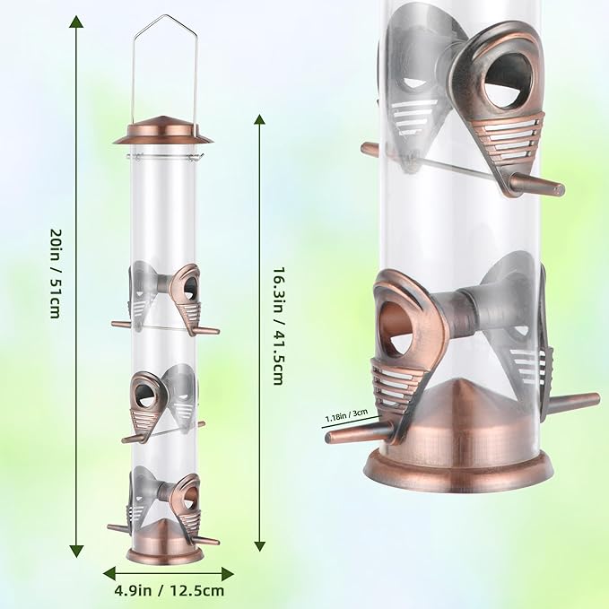 MIXXIDEA Metal Tube Bird Feeders for Outdoors - 6 Ports Hanging Feeder Attracts Wild Birds in Your Lawn, Garden, Balcony - Antique Copper - 1 Pack