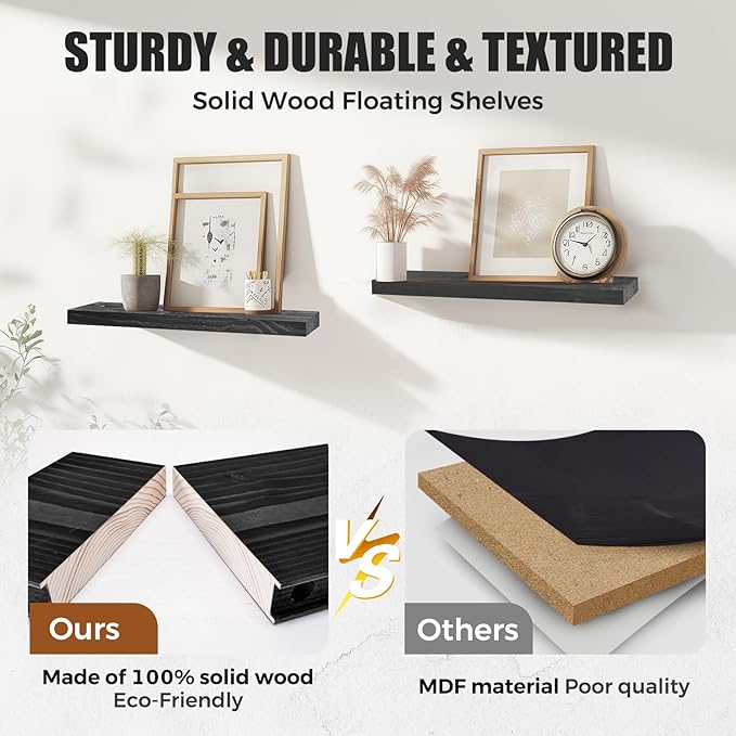 Floating Wall Shelves 2-Pack - Rustic Black 16-inch Wooden Wall Shelves for Storage and Décor, Multi-Functional and Easy to Install for Living Room, Bedroom, and Kitchen