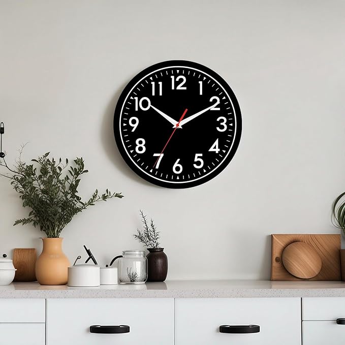 Wall Clock Black Battery Operated 10 Inch Simpel Silent Non Ticking Analog Decorative for Kitchen Bathroom Bedroom Office Living Room School Classroom(Black)