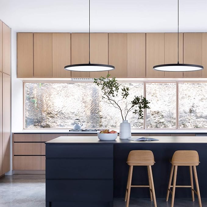 MADEM Modern LED Pendant Light 23.6'' Disc Chandelier Hanging Lighting Fixture with Acrylic Shape Dimmable Office Chandelier 6000K for Office Room Football Bedroom Decor Kitchen Island, Black