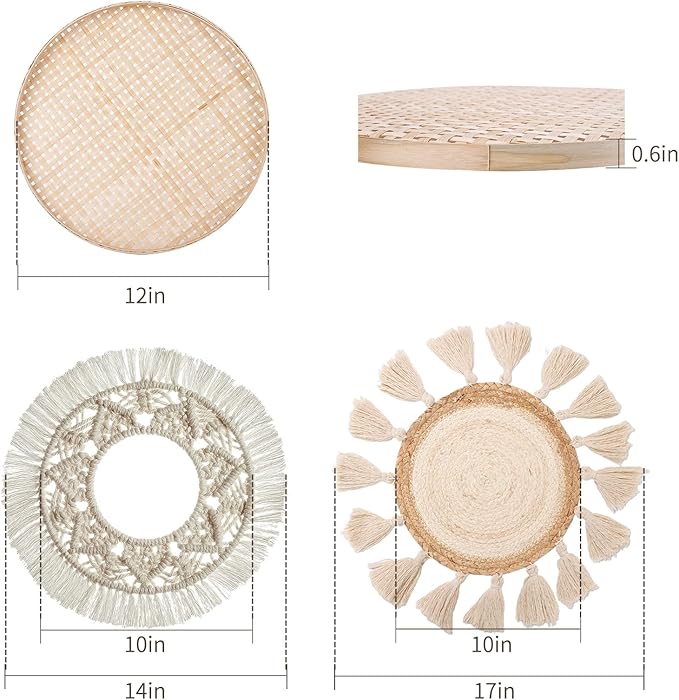 LOCS MICRAI Boho Wall Basket Decor Set of 3 - Flat Woven Basket Wall Hanging Decor,Round Tassels White Macrame Tapestry Wall Decor Art,Handmade Rattan Wicker Seagrass Home Wall Baskets Decor