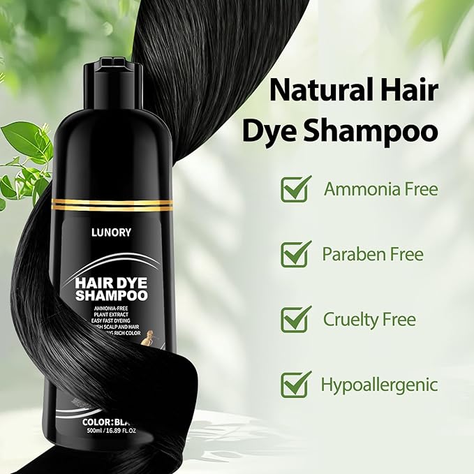 Black Hair Dye Shampoo for 100% Gray Coverage - 3 IN 1 Hair Color Shampoo with Argan Oil & Ginseng, Ammonia & Paraben Free, Long Lasting Semi-Permanent Natural Color for Women & Men (500ml)