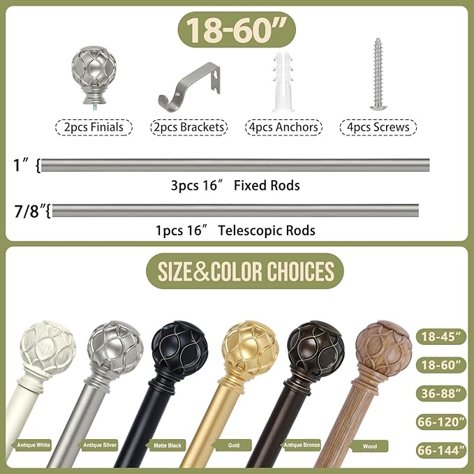 Silver Adjustable Curtain Rods for Windows:18-60 Inch Farmhouse Heavy Duty Curtain Rod for Bedroom Living Room,Boho Decorative Rustic Drapery Rods with Vintage Coastal Finial,Antique Silver