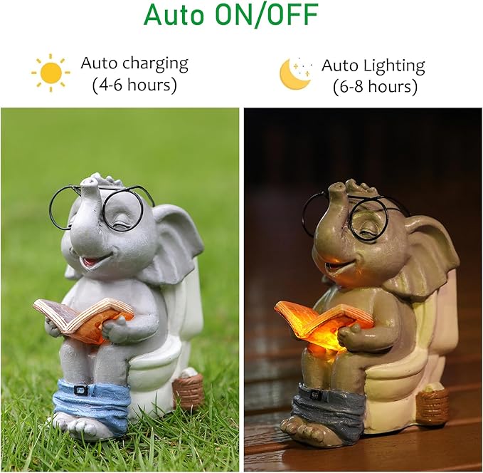 Elephant Statue Solar Outdoor Garden Decor, Funny White Elephant Gifts for Women, Mom, Grandma or Birthdays,Elephant Decor Ornament for Yard Art Balcony Patio Porch Lawn & Home House