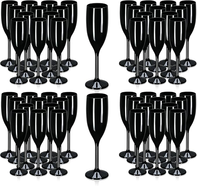 XUWAIDSGN Acrylic Champagne Flutes Toasting Glasses Unbreakable Mimosa Bar Reusable Wine Glasses Vintage Champagne Flutes Stemmed Drinking Cups 5.4 OZ for Christmas Birthday (100, Black)
