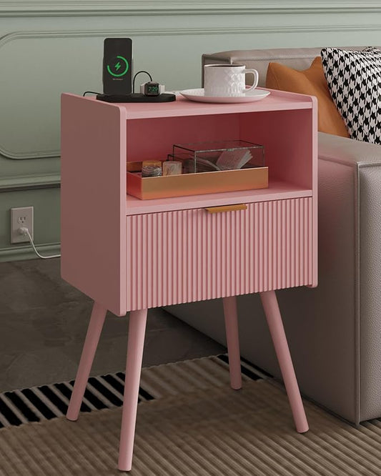 Nightstand,Modern Bedside Table with Storage Drawer and Open Wood Shelf, Accent Night Stand with Solid Wood Legs for Living Room, Bedroom and Small Spaces,Easy Assembly (Pink-Outlet)