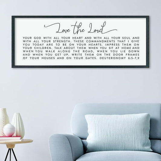 LuZhiQiang Love The Lord Your God With All Your Heart Wall Decor Art 40"×15" Deuteronomy 6:5-7, 9 Scripture Sign Bible Verse Large Wood Framed Wall Hanging (Black)