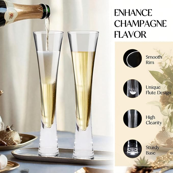 Champagne Flutes Set of 4, Hand Blown Crystal Champagne Glasses, Modern Unique Design, Lead-Free Prosecco Glasses, Elegant Toasting Glasses Gift for Wedding, Anniversary, Birthday, Christmas