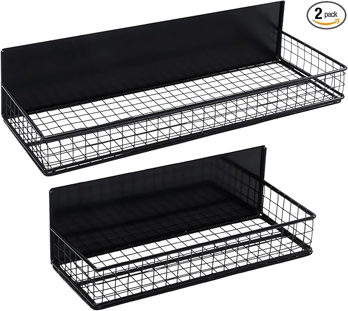 Magnetic Storage Basket, Magnetic Shelf for Fridge,Magnetic Spice Rack Wire Mesh Magnetic Organizer Holder Accessories for Office Kitchen Classroom Storage, Black-Short, Large x1&Small x1 Set of 2