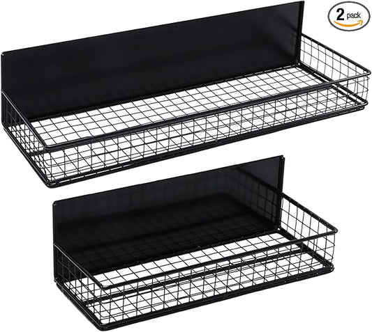 Magnetic Storage Basket, Magnetic Shelf for Fridge,Magnetic Spice Rack Wire Mesh Magnetic Organizer Holder Accessories for Office Kitchen Classroom Storage, Black-Short, Large x1&Small x1 Set of 2