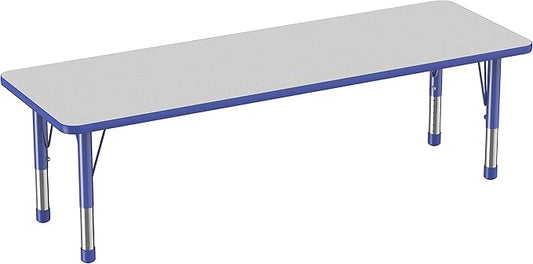 FDP Rectangle Activity School and Classroom Kids Table (24 x 72 inch), Chunky Toddler Legs, Adjustable Table Height 15-24 inches - Gray Top and Blue Edge