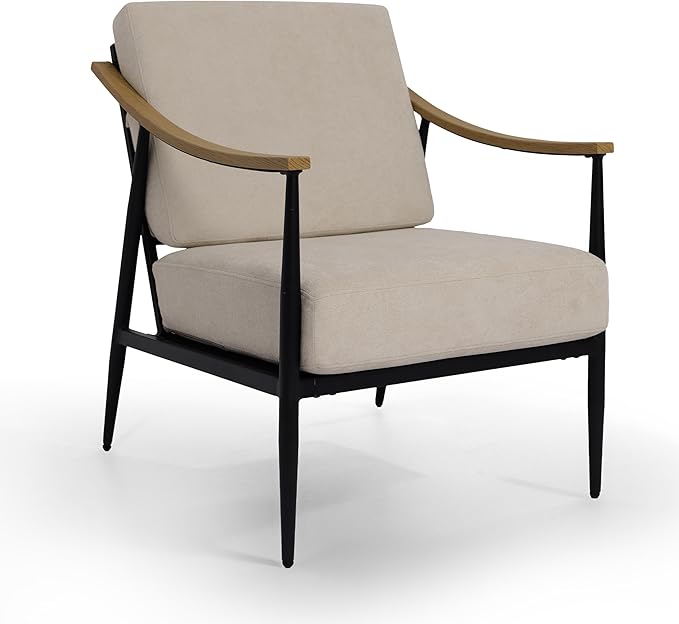 Modern Accent Chair for Living Room Bedroom Mid Century Arm Chair Upholstered Office Accent Chair Comfy Waiting Room Chair with Metal Frame, Beige