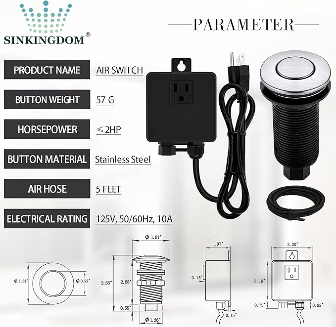 Garbage Disposal SinkTop Air Switch Kit with Long Button,Brass Made Cover,Brushed Nickel