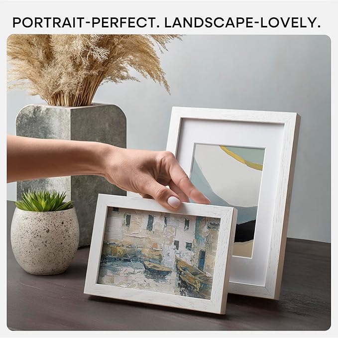 Homeforia White Picture Frames 5x7, High End Oak 5x7 Wooden Frame with Mat 4x6 Art, 5 x 7 White Wood Frames Matted to 4 x 6 inch Photo, 7by5 Wall or Tabletop Frame, Tempered Glass, Wall Kit, Set of 1