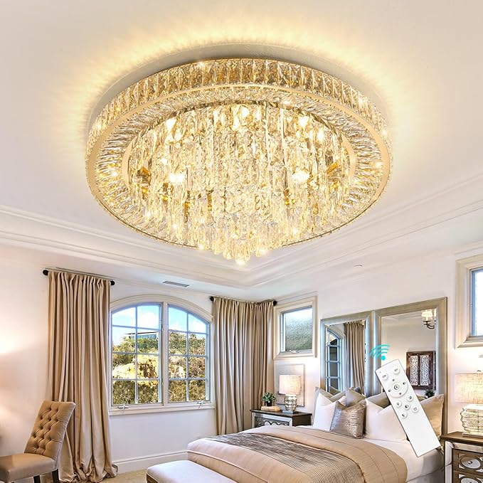 Modern Crystal Chandeliers for Living Room Ceiling Light Fixture LED Dimmable Lamp with Remote Pendant Lighting Flush Mount Ceiling Light for Dining Room Bedrooms Foyer