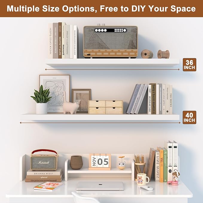 12 Inch Deep Floating Shelves for Wall 1 Pack White Floating Shelves Large Storage Space Wall Mount Shelf for Living Room Kitchen Bathroom 24" W x 12" D x 1.2" H White