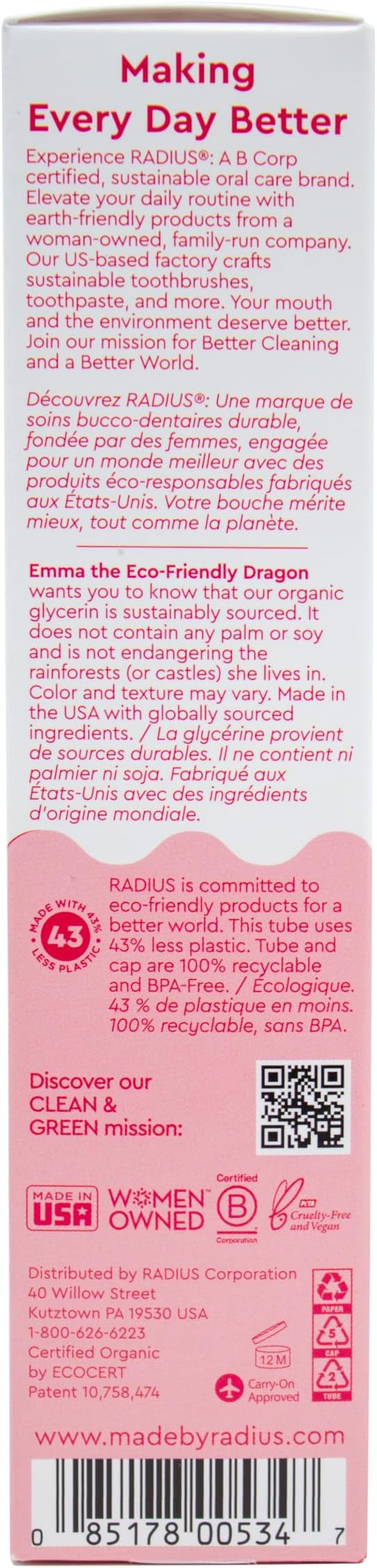 RADIUS USDA Organic Kids Toothpaste 3oz Non Toxic Chemical-Free Gluten-Free Designed to Improve Gum Health for Children's 6 Months and Up - Dragon Fruit - Pack of 3