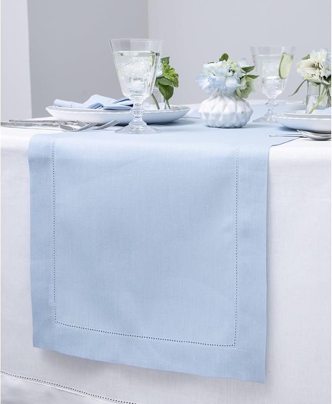 Solino Home Linen Sky Blue Table Runner 156 Inches Long - 100% Pure Linen Extra Long Table Runner 14 x 156 Inch - Classic Hemstitch