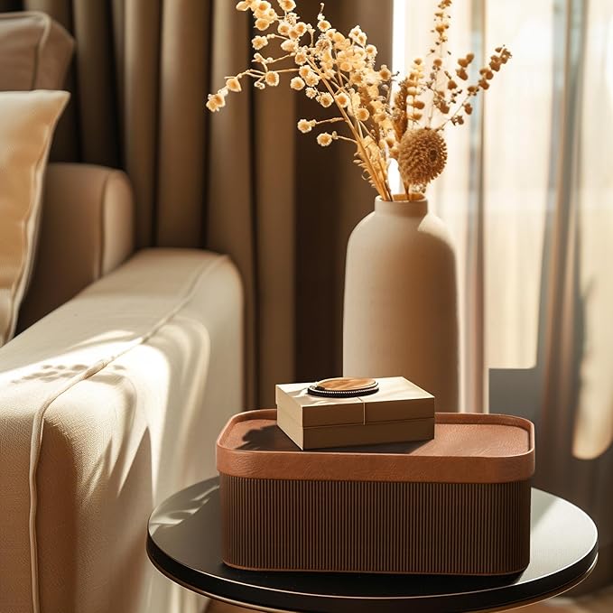 La Jolie Maison Fluted Cardboard Storage Baskets with Leather-Like Lids, Sturdy Stackable Paper Boxes Decorative Tray, Set of 3 Chestnut