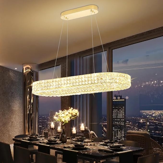 Modern Crystal Chandelier, Dia 40" Rectangular Chandelier for Dining Room,Gold Rectangle Crystal Ceiling Light Luxury Oval Chandeliers for Living Room Kitchen Island