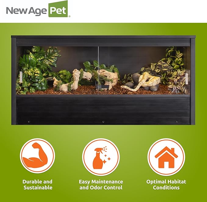 New Age Pet ECOFLEX 48 in Mojave Reptile Lounge in Espresso Black, Durable Wood Plastic Composite Habitat with Vented Side Panels, Removable Sliding Glass Doors, and Mesh Screen Top for Lamp Setup,