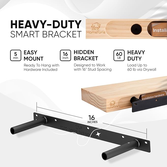 Homeforia Black Floating Shelves 24 inch, High End Solid Real Wood 24inch Bathroom Floating Shelf for Wall Mounted, Black Wooden 24in Floating Shelves, Heavy Duty Bracket, 24 X 6.5 X 1.75 in, Set of 4