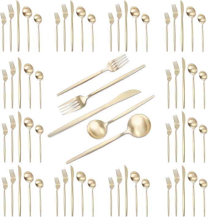 Matte Champagne Gold Silverware Set, 60-Piece Stainless Steel Flatware set, Service for 12, Tableware Cutlery Set, Satin Finish,Utensils for Kitchen, Dishwasher Safe