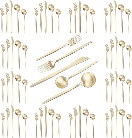 Matte Champagne Gold Silverware Set, 60-Piece Stainless Steel Flatware set, Service for 12, Tableware Cutlery Set, Satin Finish,Utensils for Kitchen, Dishwasher Safe
