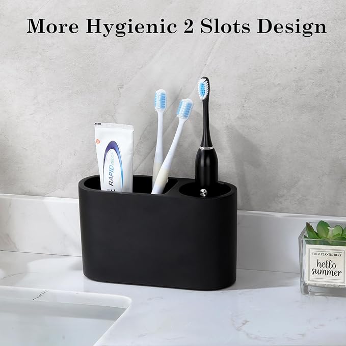 Luxspire Toothbrush Holder, 2 Slots Toothbrush and Toothpaste Holdersfor Bathrooms, Resin Toothbrush Holder Electric Toothbrush Stand for Vanity Countertop, Bathroom Accessories, Matte Black