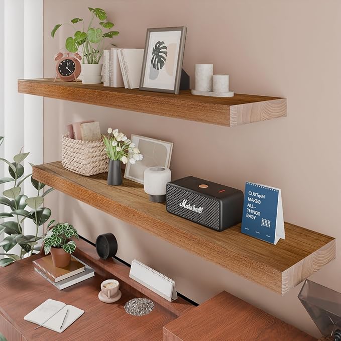 IAE Walnut Floating Wall Shelves 55 inch, Bathroom Shelves Wall Mounted,Invisible Shelves Floating Kitchen Shelves,Wooden Wall Shelves with Brackets for Living Room Wall Mounted,Easy Install,Set of 2