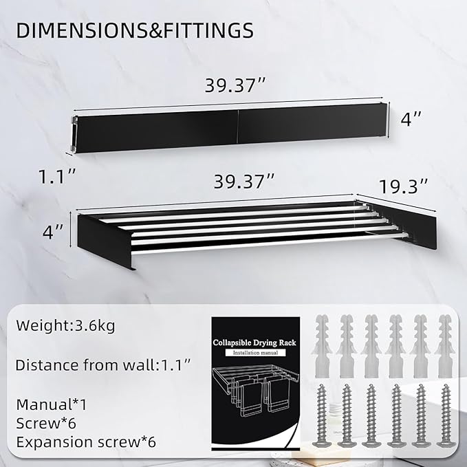 Laundry Drying Rack Collapsible, Wall Mounted Clothes Drying Rack. 39.37" Wide, 19.3 Linear Ft, 5 Aluminum Rods, with Wall Template, Screwdriver Bit (Black 1M)
