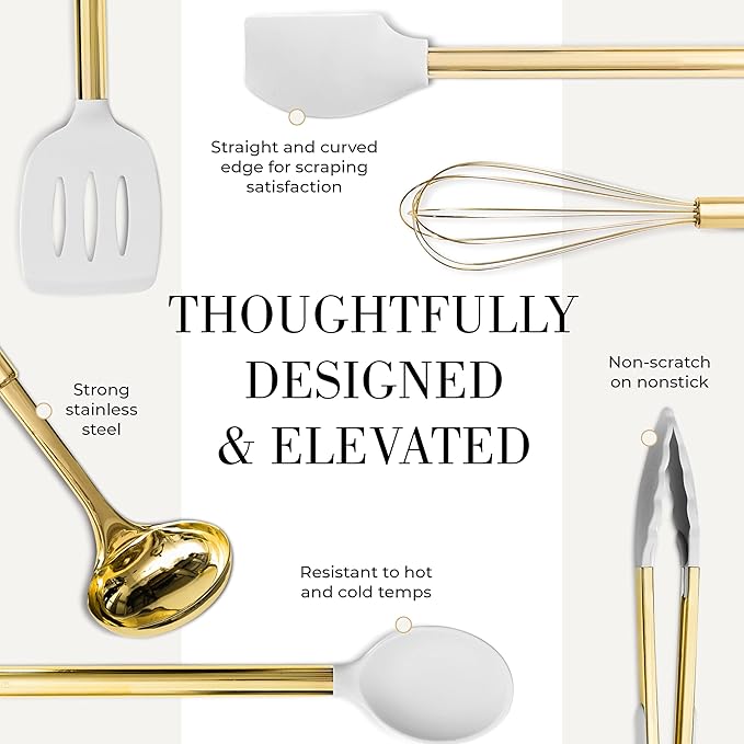 White Silicone and Gold Cooking Utensils Set with Gold Utensil Holder - 7-Piece Silicone Cooking Tools - Ideal for Nonstick Cookware and Stylish Modern Kitchens - Luxury Kitchen Accessories