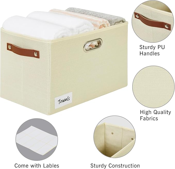 Large 3-Pack Foldable Fabric Storage Bins with Durable PU & Metal Handles , Collapsible Storage Baskets for Shelves, Home Storage, Closet Organizers, Living Room(14.9"x9.8"x9.8", Beige)