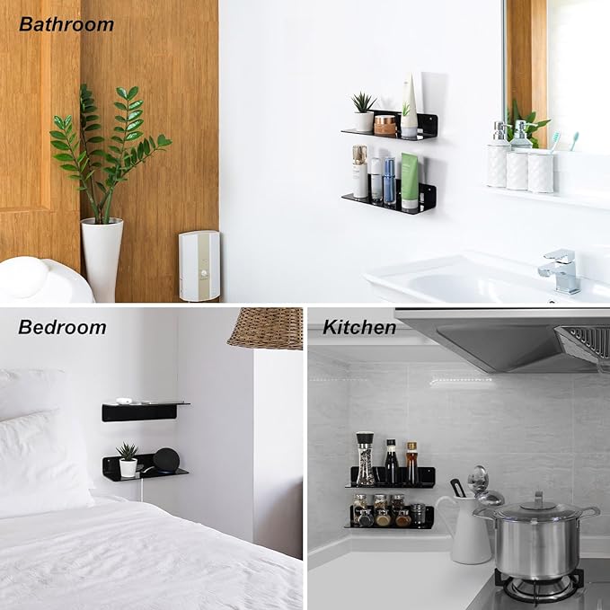 OAPRIRE Black Acrylic Floating Shelves Set of 2 - Damage Free Expand Wall Space - 12 Inch Wall Shelves with Strong Adhesive for Bathroom, Bedroom, etc