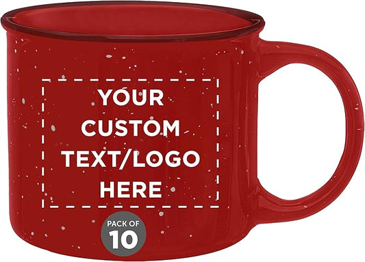 DISCOUNT PROMOS Custom Ceramic Campfire Coffee Mugs 13 oz. Set of 10, Personalized Bulk Pack - Perfect for Tea, Espresso, Cappuccino, Hot Cocoa - Red